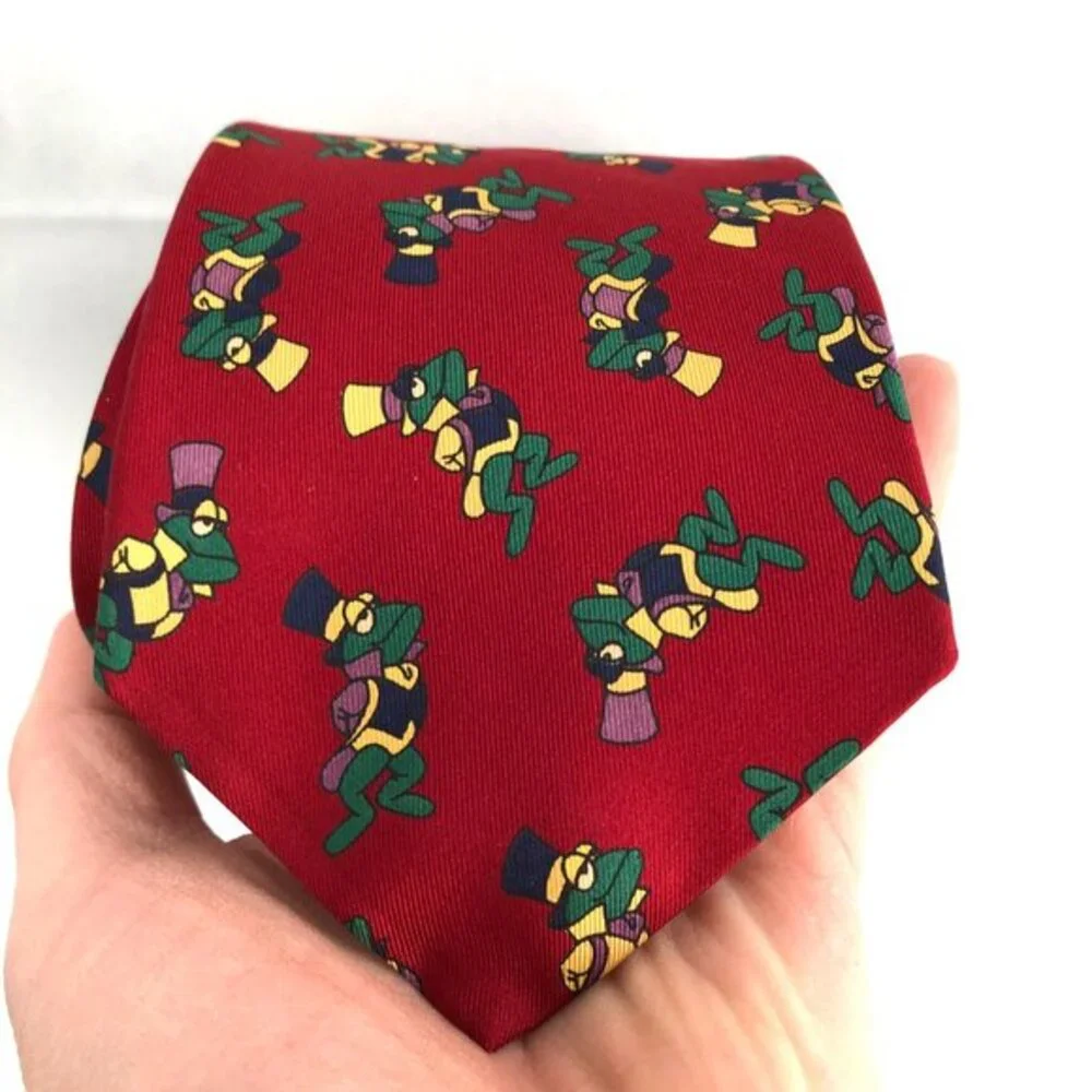 vintageVAN LOREN Italy Italian 100% Silk Tie Red fancy Frog‎ Tails & Top Hat